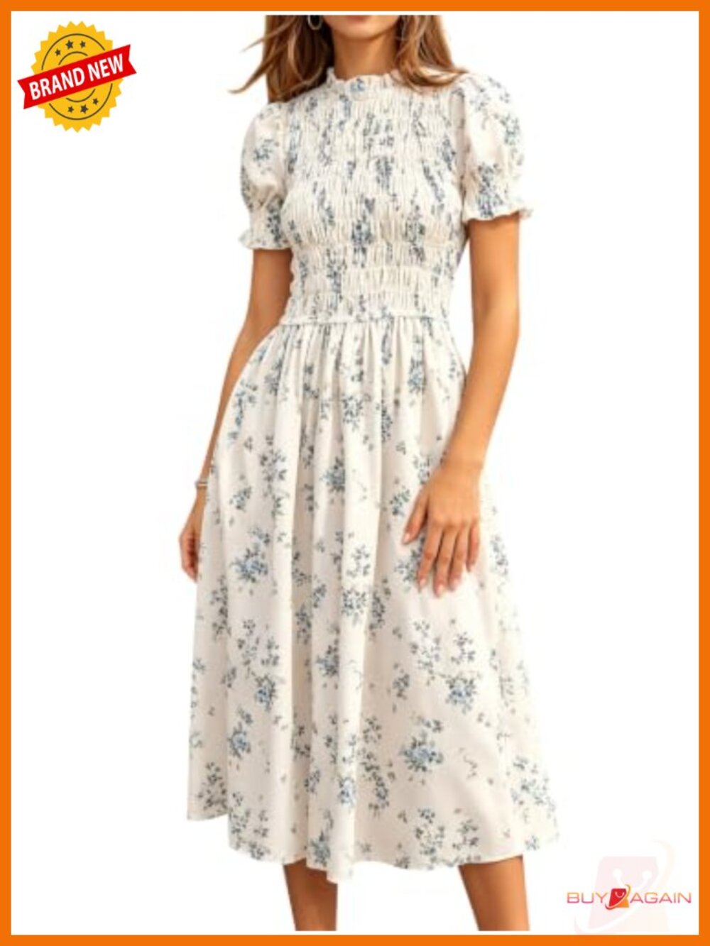 Smocked Midi Dress Puff Sleeve Ruffled Plaid Women's Casual